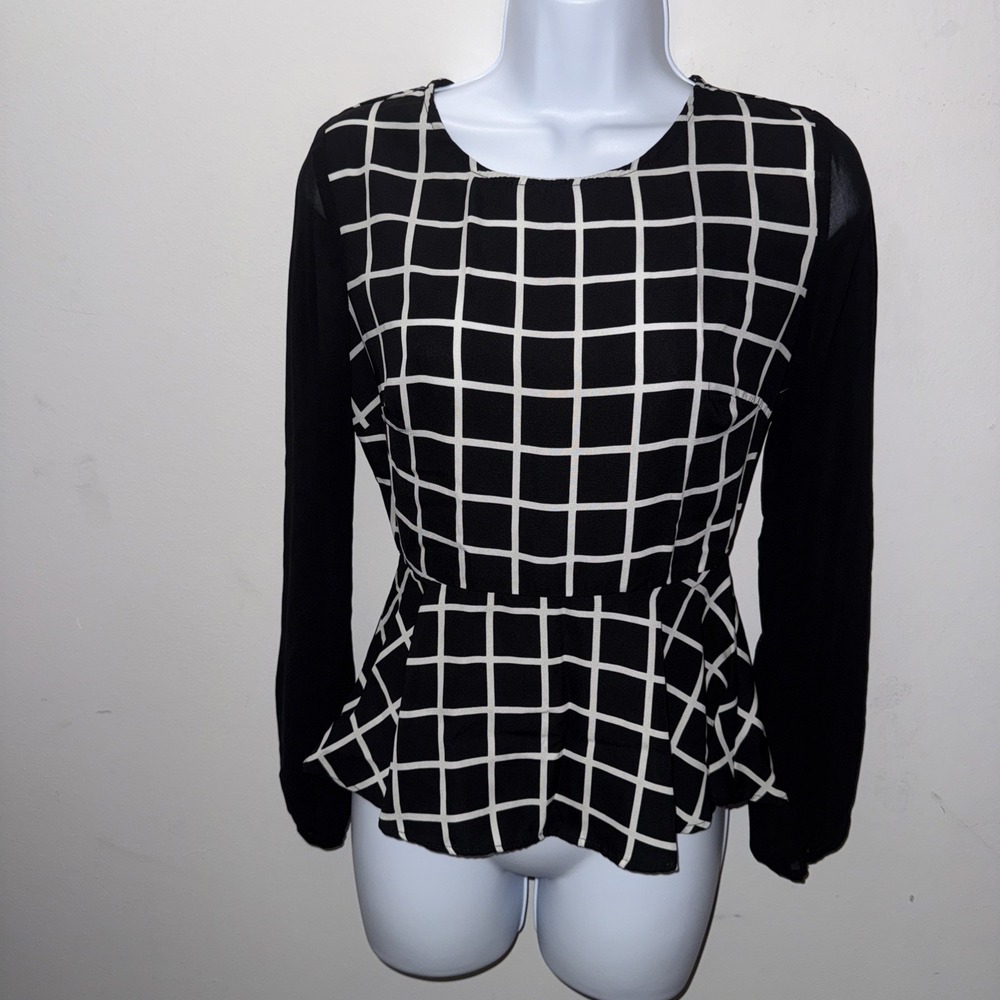 Forever 21 Black White Grid Peplum Top Sheer Long Sleeve Blouse Small